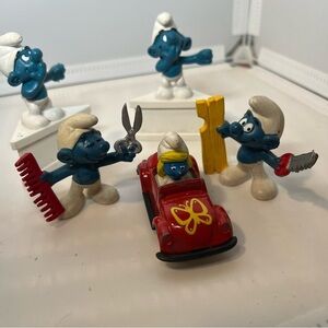Vintage Smurf figures 5 lot 1970s 1980s Car, Barber, Chain Saw,